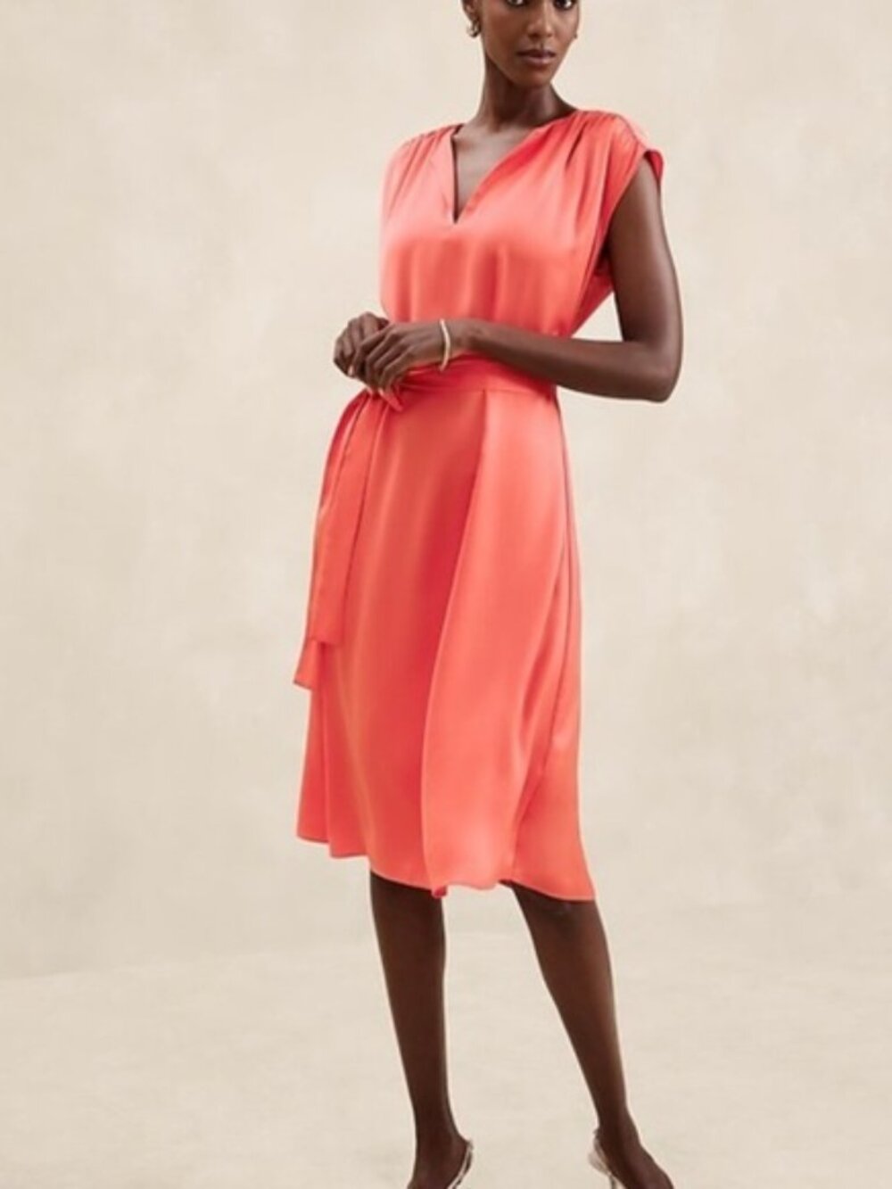 XL Banana Republic Factory Silky Drape orange/coral midi belted dress